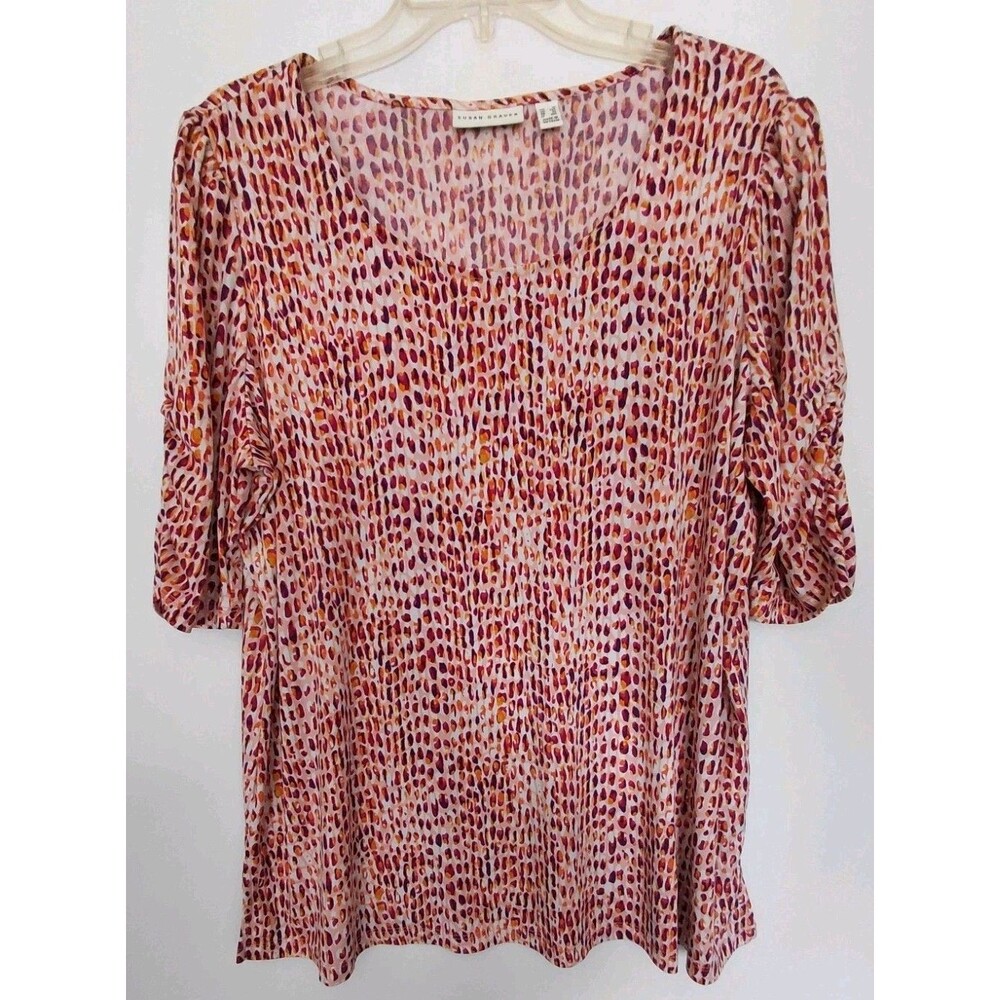 Susan Graver Sz 1X Pink/Purple Abstract Animal Print Top w/Short Ruched Sleeves